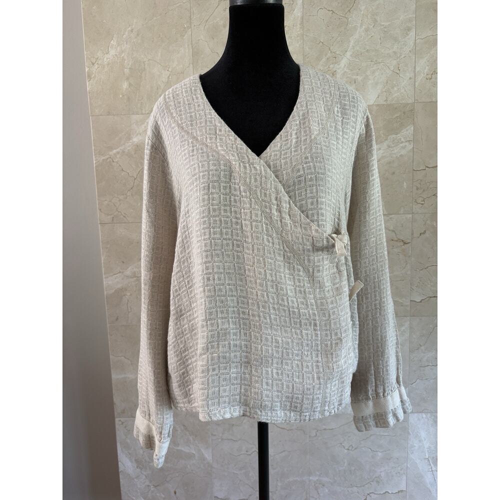 FLAX Linen Tie Wrap Top Medium Beige Neutral Natural Textured Summer Lagenlook